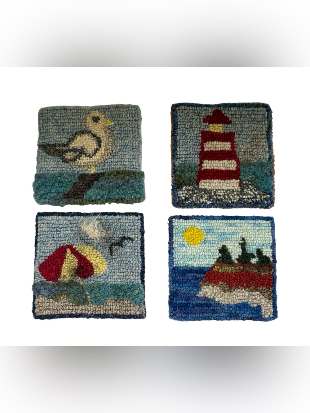 HAND HOOKED COASTER SET NAUTICAL OCEAN LIGHTHOUSE FIBRE ART